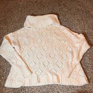 LOFT White Diamond Pattern Cable‎ Knit Cowl Neck Sweater Size L